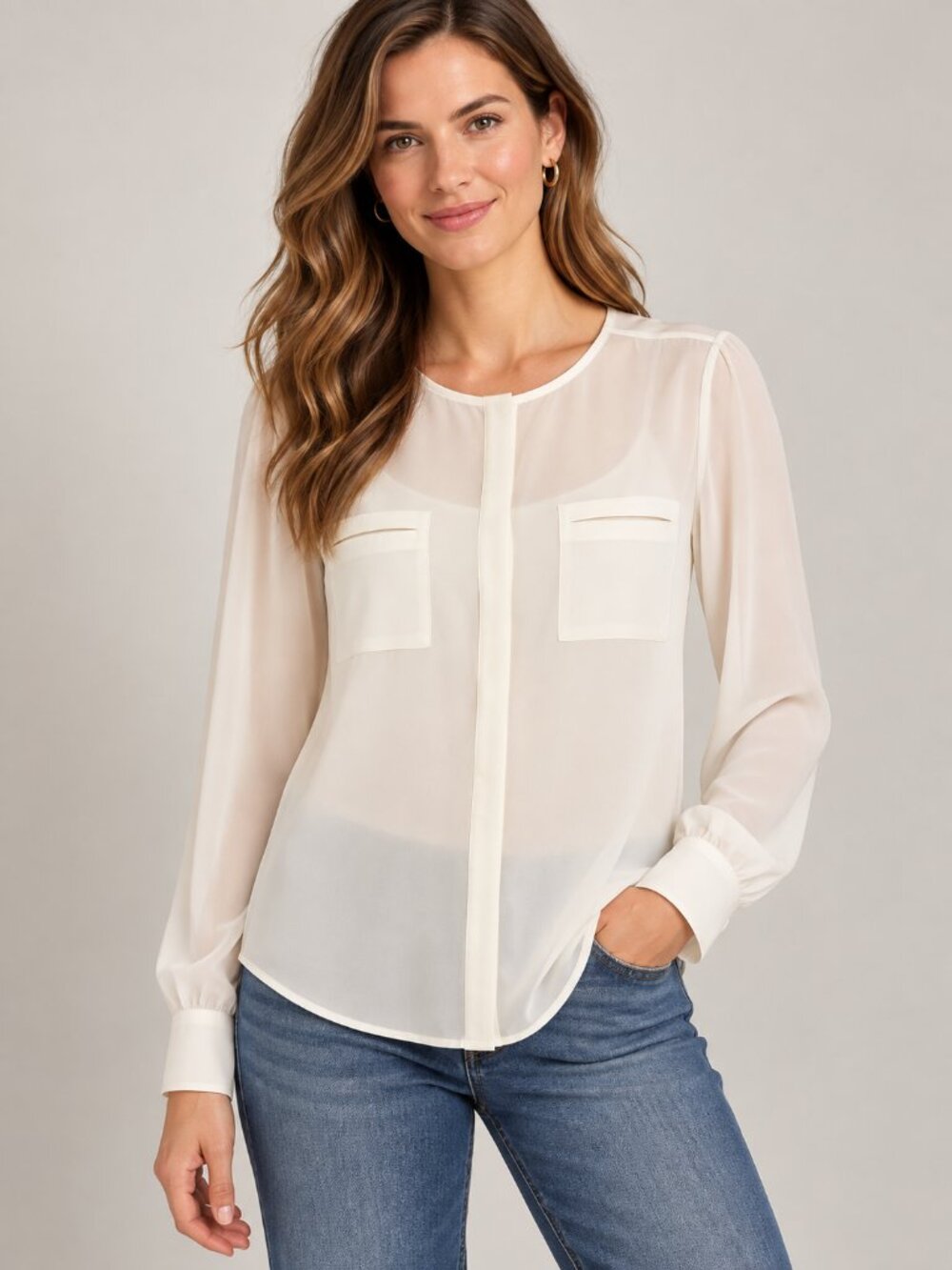 Joie Cream Silk Long Sleeve Blouse, Size L